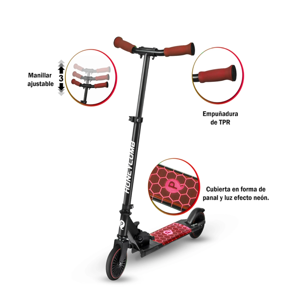 Patinete  Honey Comb Scooter Con Luces Led Rojo - Imagen 2