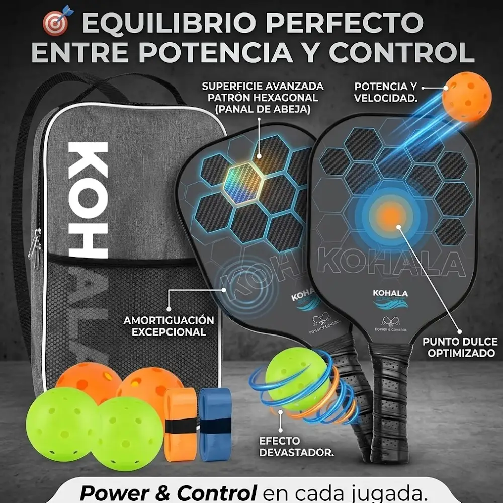 Set 2 Raquetas de Fibra de Carbono + Bolas de Pickleball Kohala - Imagen 5
