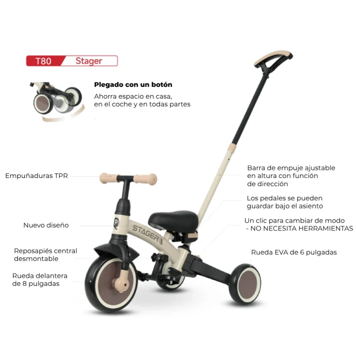 Triciclo y Bicicleta de Equilibrio Qplay Trike Stager - Evolutivo Beige/Marrón - Imagen 2