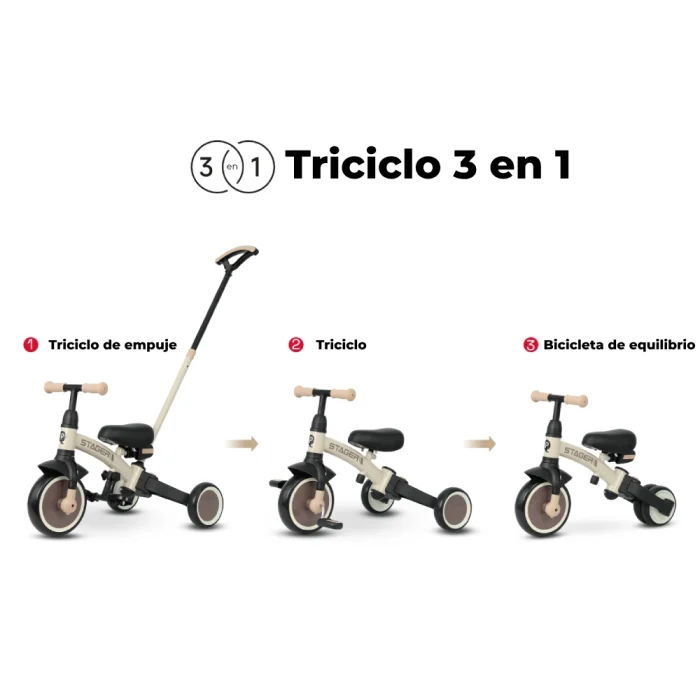 Triciclo y Bicicleta de Equilibrio Qplay Trike Stager - Evolutivo Beige/Marrón - Imagen 3