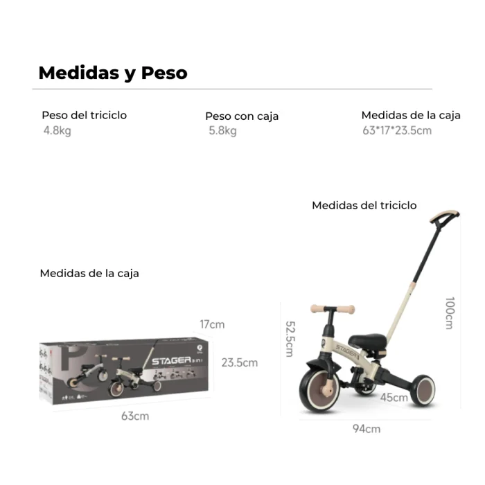 Triciclo y Bicicleta de Equilibrio Qplay Trike Stager - Evolutivo Beige/Marrón - Imagen 4