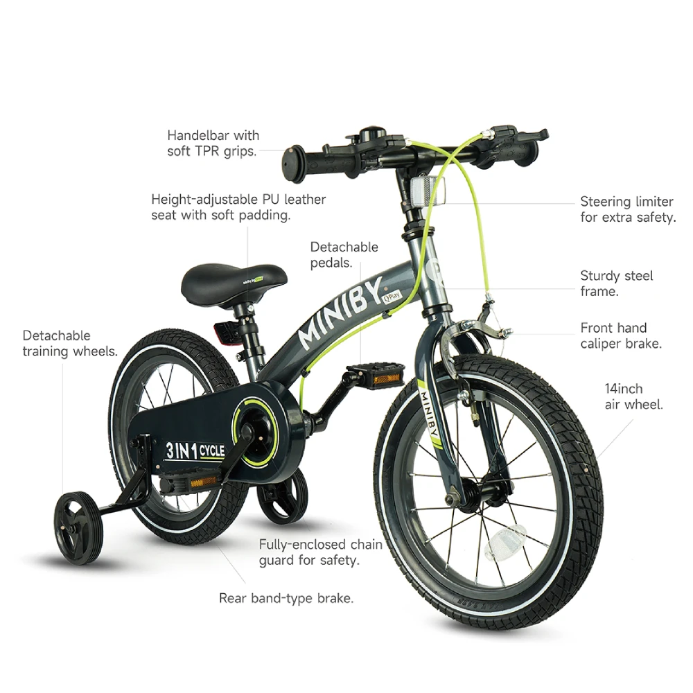 Bicicleta Infantil Miniby QPlay 14 pulgadas-3 en 1-bicicleta sin pedales - Gris - Imagen 2