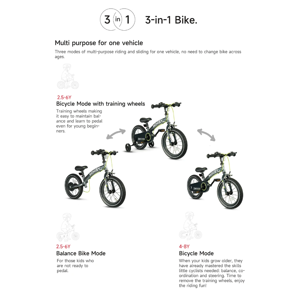 Bicicleta Infantil Miniby QPlay 14 pulgadas-3 en 1-bicicleta sin pedales - Gris - Imagen 3