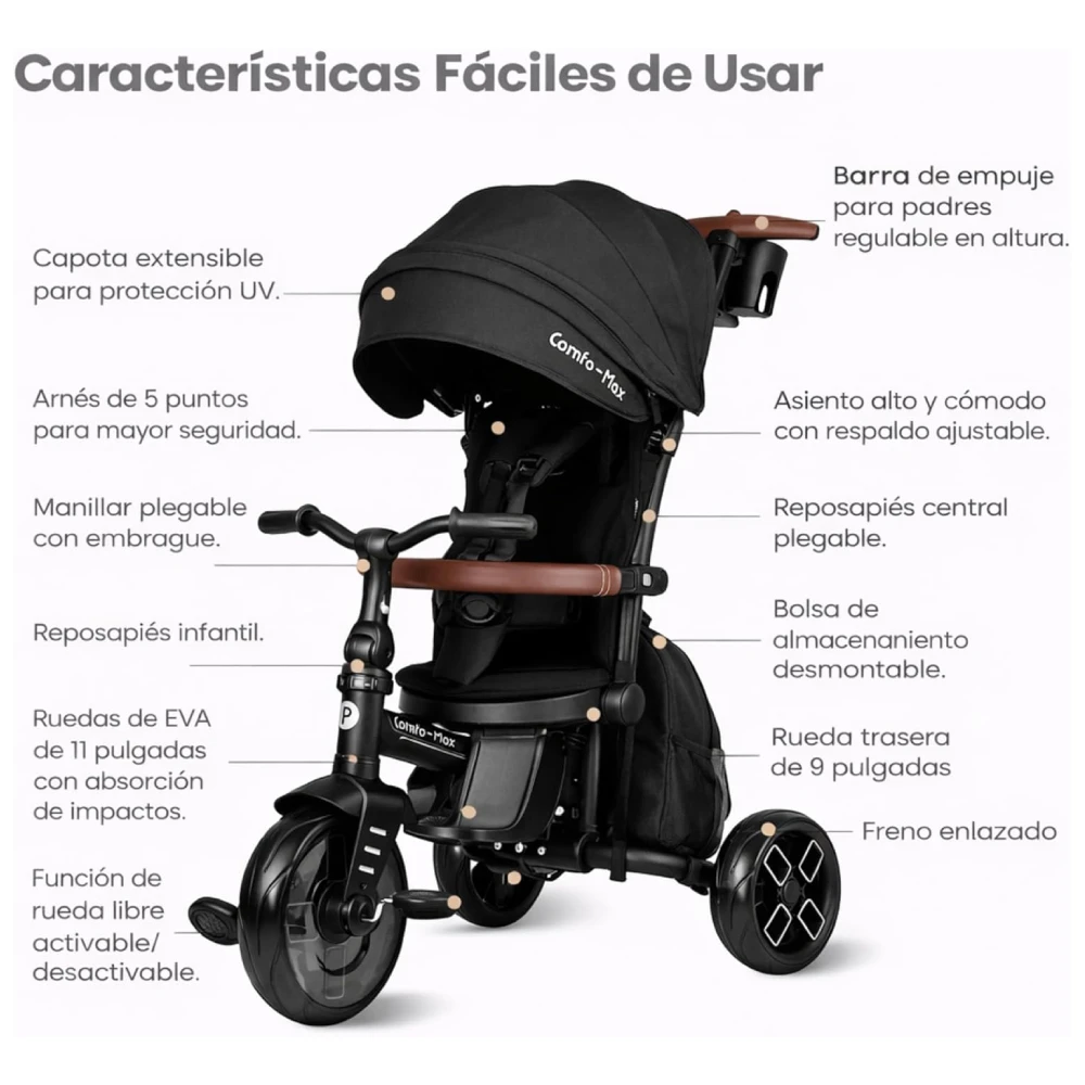Triciclo Evolutivo Qplay Comfo Max 7 en 1 / 10-72 meses + REGALO de Bolsa para manillar - Imagen 4