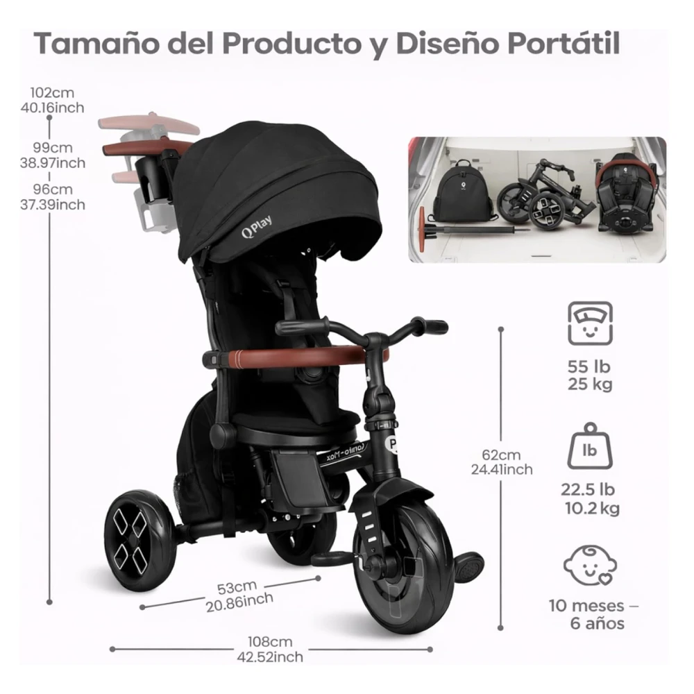 Triciclo Evolutivo Qplay Comfo Max 7 en 1 / 10-72 meses + REGALO de Bolsa para manillar - Imagen 3