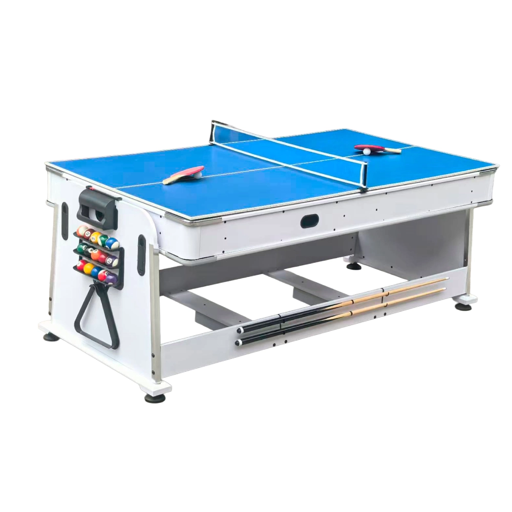 Multijuego giratorio 4 en 1 Olimpus Blanco– Tapete Azul (Billar, Air Hockey – Ping-Pong, Mesa comedor) - Imagen 3
