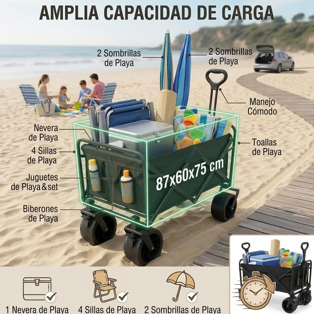 Devessport Carro de Playa Plegable con Ruedas Todoterreno de 8 Pulgadas, Estructura de Acero Reforzada y Tejido 600D Oxford, Medidas 87x60x75 cm, Color Negro - Imagen 2