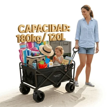 Devessport Carro de Playa Plegable con Ruedas Todoterreno de 8 Pulgadas, Estructura de Acero Reforzada y Tejido 600D Oxford, Medidas 87x60x75 cm, Color Negro
