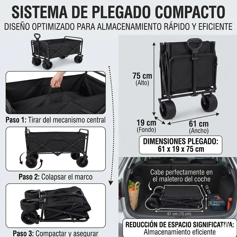 Devessport Carro de Playa Plegable con Ruedas Todoterreno de 8 Pulgadas, Estructura de Acero Reforzada y Tejido 600D Oxford, Medidas 87x60x75 cm, Color Negro - Imagen 3