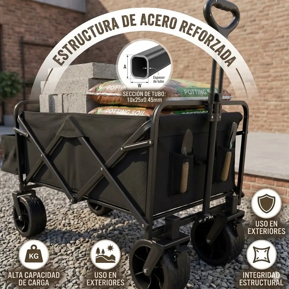 Devessport Carro de Playa Plegable con Ruedas Todoterreno de 8 Pulgadas, Estructura de Acero Reforzada y Tejido 600D Oxford, Medidas 87x60x75 cm, Color Negro - Imagen 4
