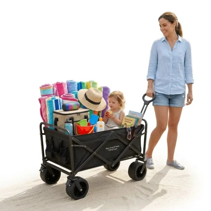 Devessport Carro de Playa Plegable con Ruedas Todoterreno de 8 Pulgadas, Estructura de Acero Reforzada y Tejido 600D Oxford, Medidas 87x60x75 cm, Color Negro