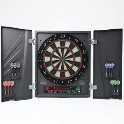 Diana Electrónica Apolo con Puertas | 27 Juegos y 202 Variaciones | Pantalla 6 LED, de 1 a 8 Jugadores | Incluye 12 Dardos y 12 Puntas de Recambio | Ideal para Sala de Juegos y Casa