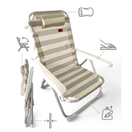 Silla de Playa Plegable de Aluminio con Almohada Reposacabezas